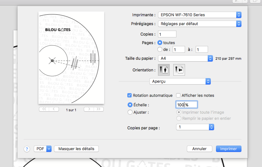 Gabarit imprimé à l'échelle 100% en A4