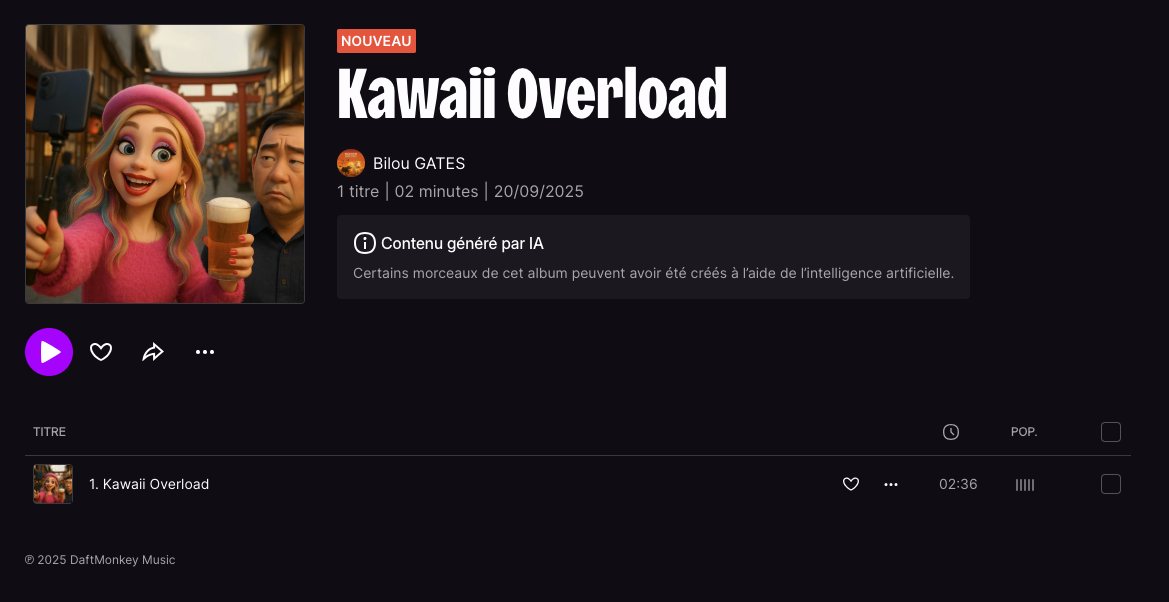 Étiquette "Contenu généré par IA" affichée sur la fiche album Deezer