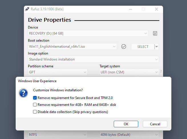 Rufus - création de clé USB bootable Windows 11 sans TPM