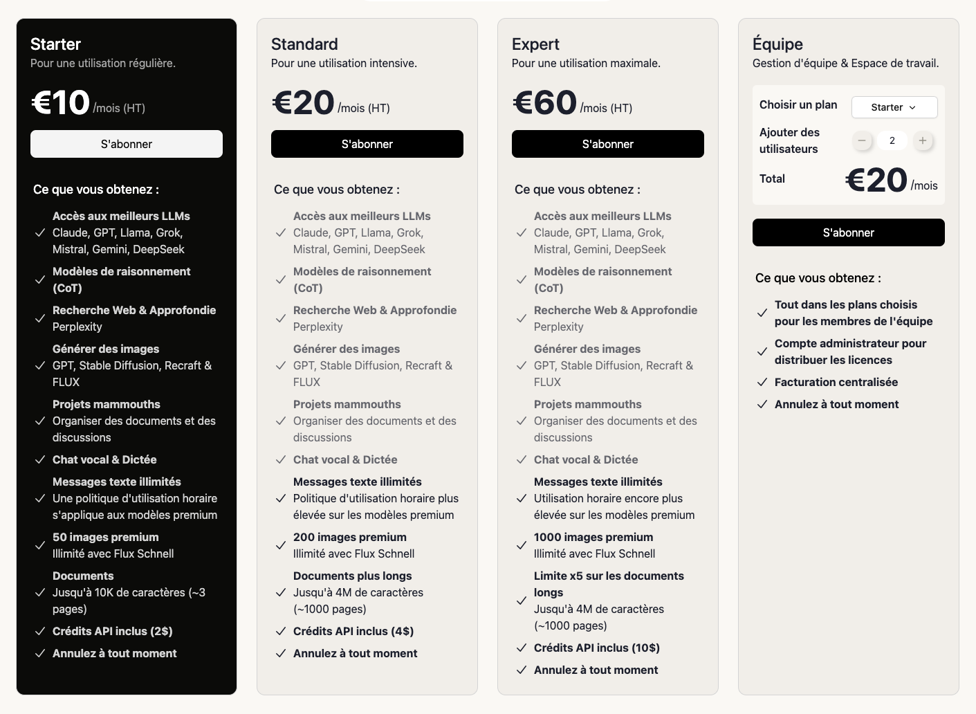 Interface et tarifs de Mammouth.ai