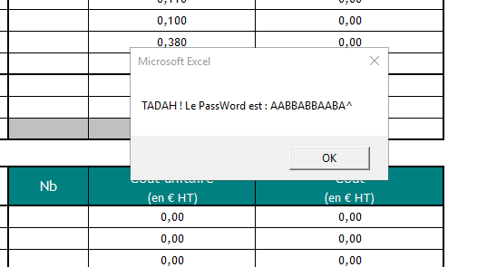 Message Excel affichant le mot de passe trouvé