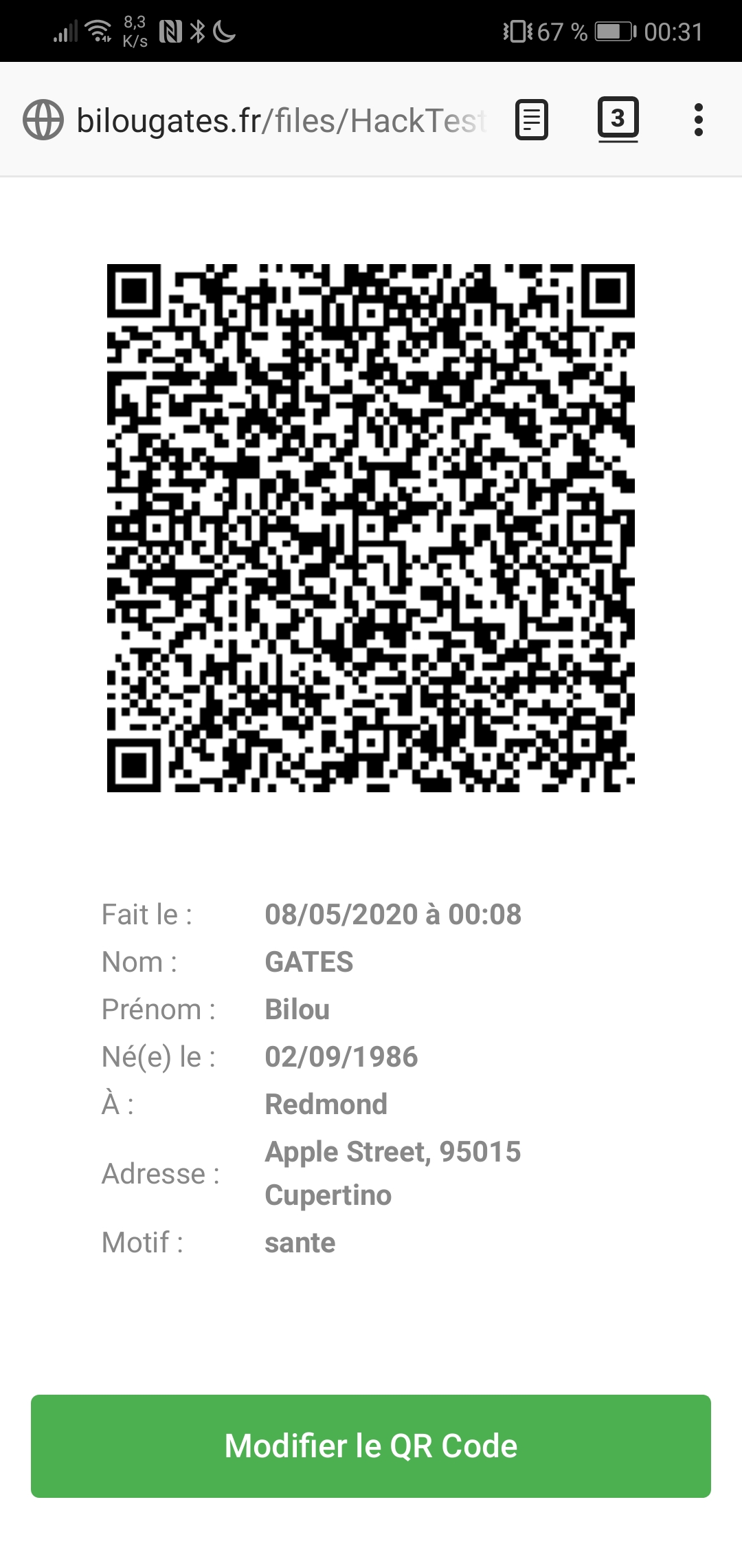 QR Code généré par HackTestation